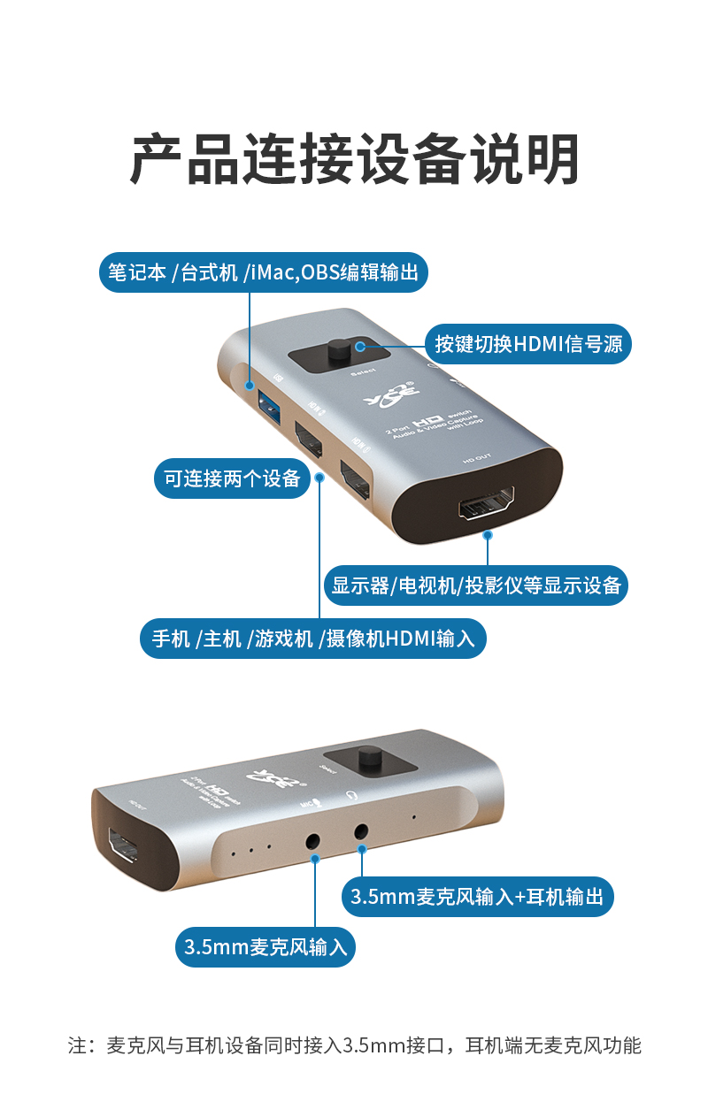 YCE Z55 HD/F(A)+ HD/F(B)+MIC TO HD/F+Audio+USB/F 音/视频采集切换器(图5)